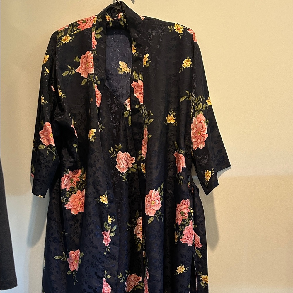 Lord & Taylor Black Robe with Pink and Yellow Floral Design